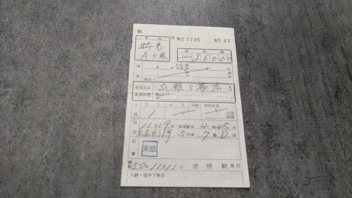 浦幌駅発行「おおぞら1号 函館→帯広」特急・Aグリーン券拍卖