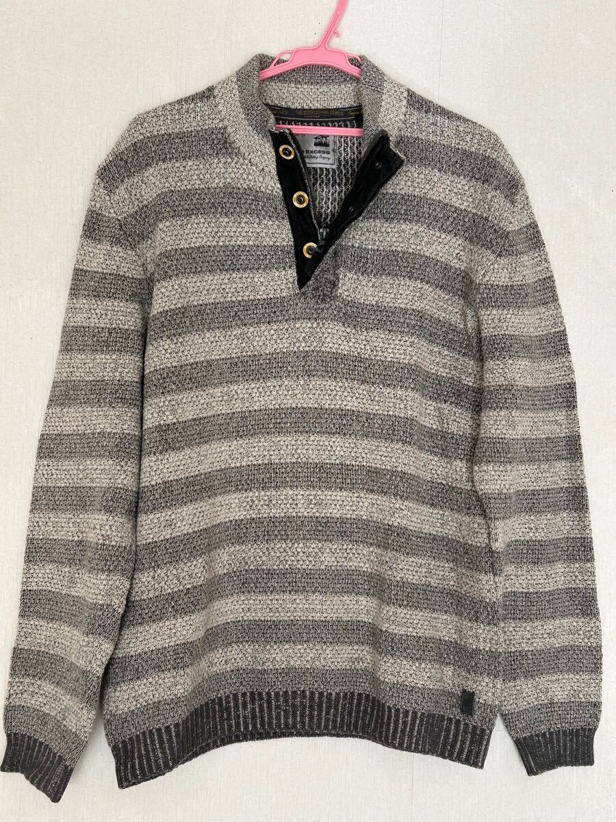 NO EXCESS ノーエクセス ヘンリーネック ボーダー柄ニット L拍卖