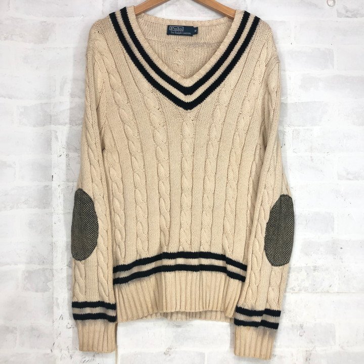 90s 90年代 POLO RALPH LAUREN ラルフローレン エルボーパッチ付き Vネック コットン ケーブルニット SIZE: M ベージュ MH632025011304拍卖
