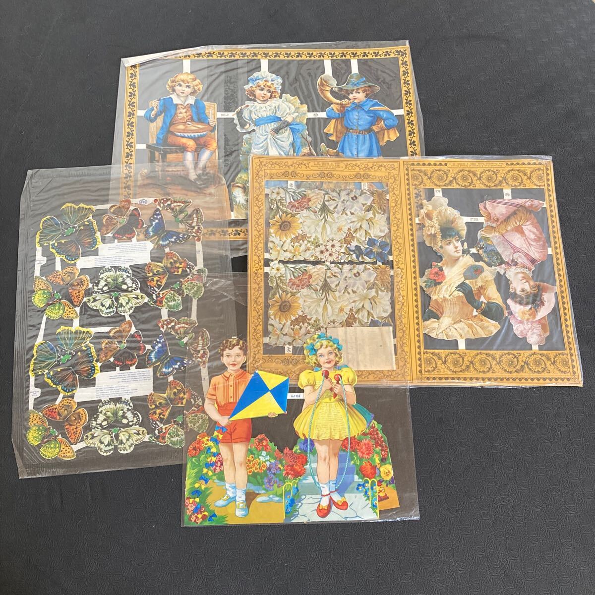 ビンテージアンティーク切り絵素材セット 子供と蝶のデザイン レトロ拍卖