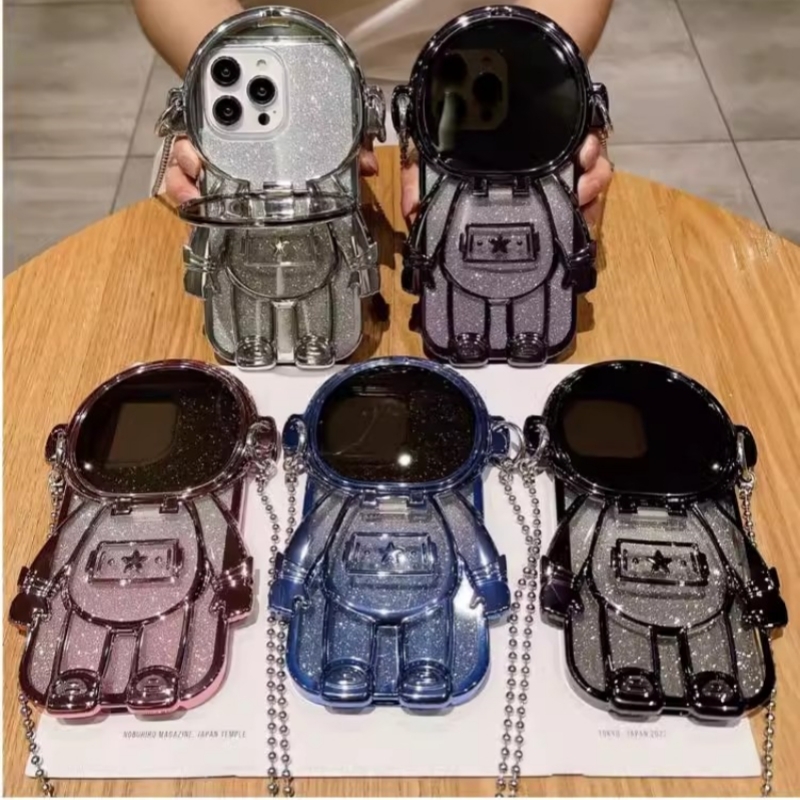 iPhone 16 ケース アイフォン16 保護カバー 6.1インチ チェーン付き 鏡付き 宇宙飛行士 シリコンカバー 耐衝撃 透明ケース tpu スタンド拍卖