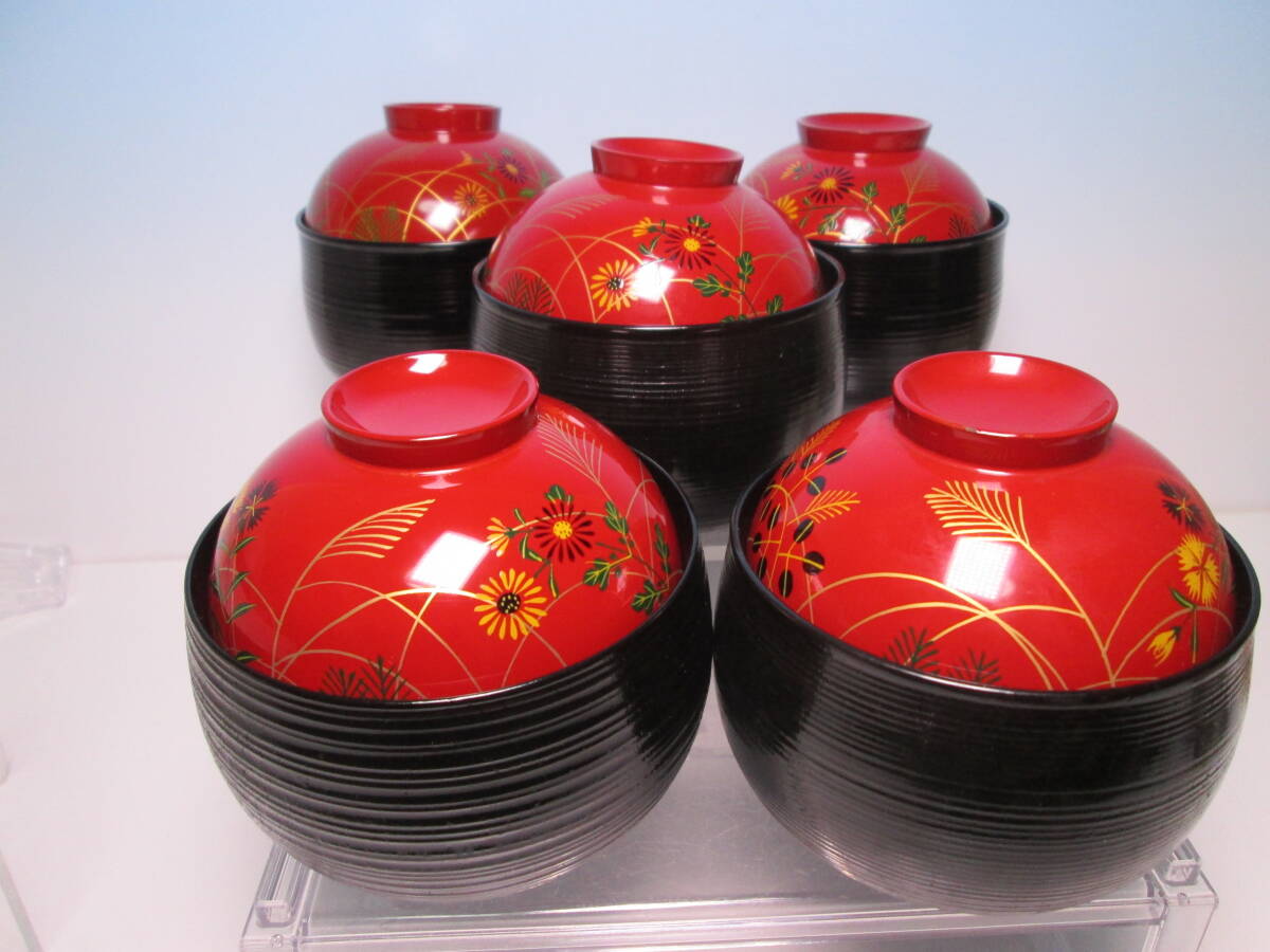 ☆お料理屋さんの器 黒/朱塗 秋草蒔絵 煮物椀 五客 箱無 雑煮椀/蓋向付/懐石/割烹/日本料理拍卖