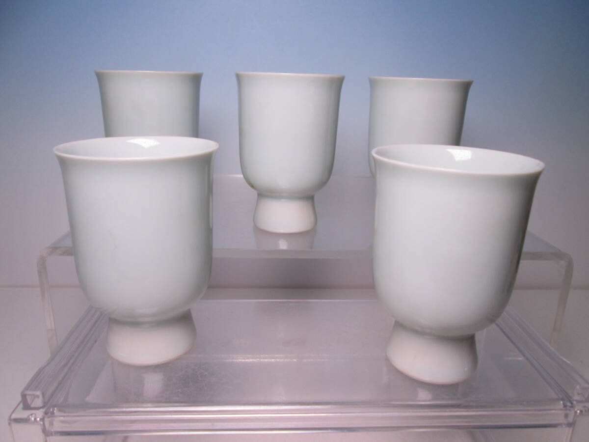 ☆お料理屋さんの器 二代 加藤渓山 青白磁 汲出茶碗 五客 箱無 筒向付/のぞき/懐石/割烹/日本料理拍卖