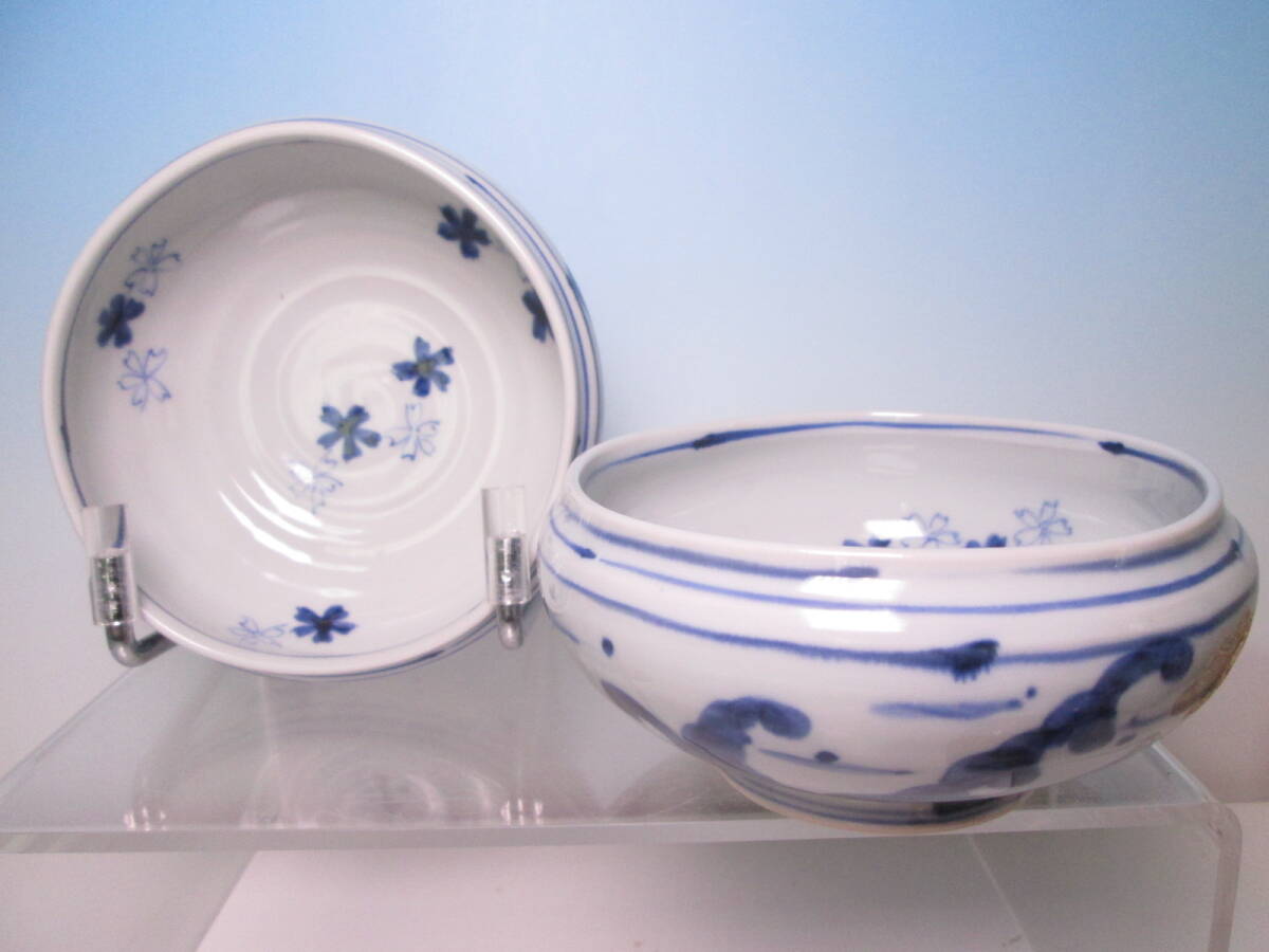 ☆お料理屋さんの器 祥作 染付 波に桜の花文 小鉢 2客 箱無し 向付/懐石/割烹/日本料理拍卖