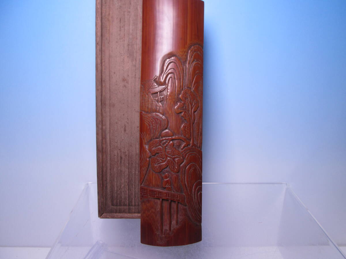 ☆煎茶道具 古い山水彫刻の茶合 木箱付 中国美術/中国古玩拍卖