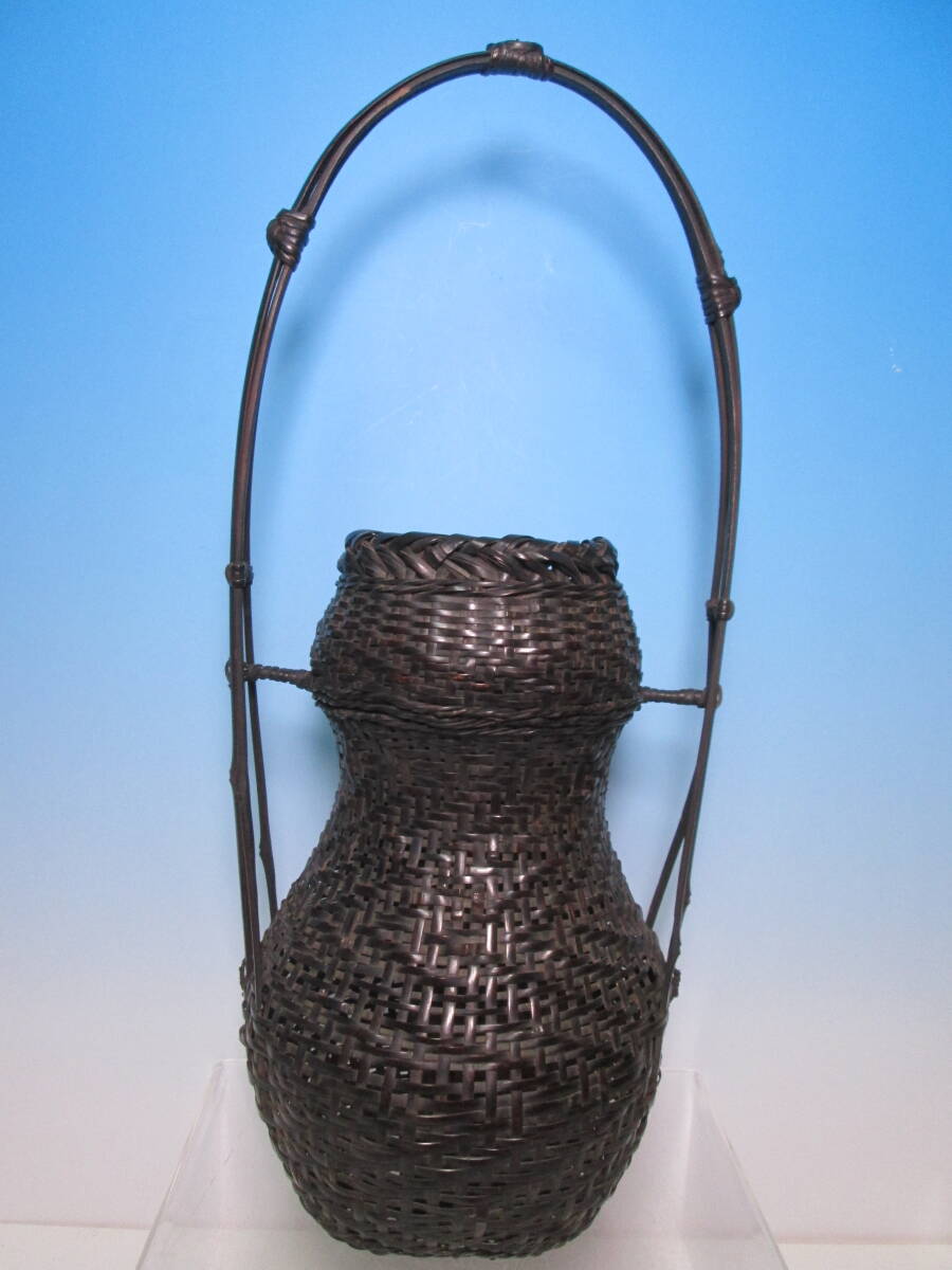 ☆青巧斎作 竹編提梁花籃 H48cm 箱無 花籠/花篭/花器拍卖