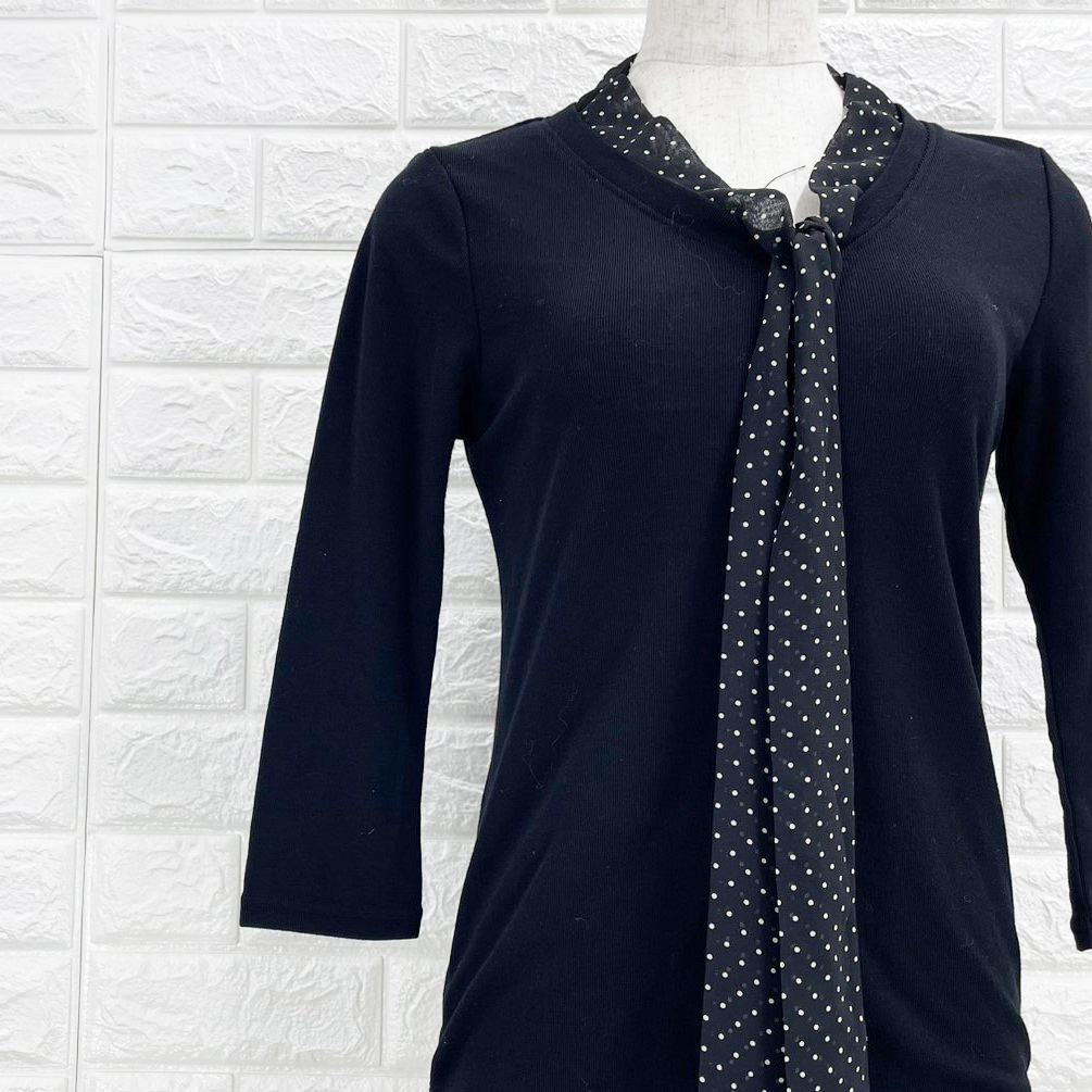 【A3177】COMME CA ISM コムサイズム カットソー レディース ブラック×ホワイト ドット柄リボン付き 長袖 カジュアル Mサイズ 拍卖