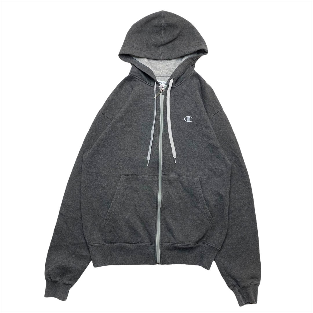 チャンピオン ジップ パーカー グレー Champion 古着 メンズ M ワンポイント ジップアップ クリーニング済み拍卖