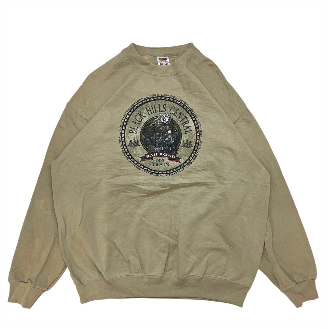 00s フルーツオブザルーム BLACK HILLS CENTRAL 裏起毛 スウェット シャツ トレーナー カーキ FRUIT OF THE LOOM 古着 メンズ XL Vintage拍卖