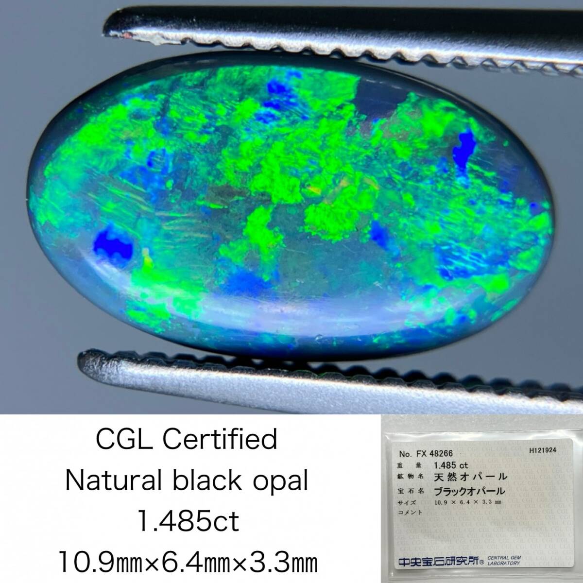 ブラックオパール 1.485ct 中央宝石ソーティング付き 10.9×6.4×3.3 ルース( 裸石 ) 3573S拍卖