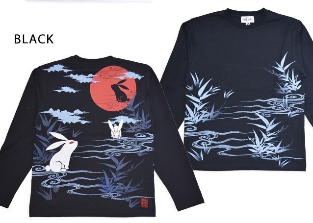 月見兎ロングTシャツ◆絡繰魂 ブラックXXLサイズ 251013 和柄 和風 刺繍 うさぎ ウサギ 長袖 からくり拍卖