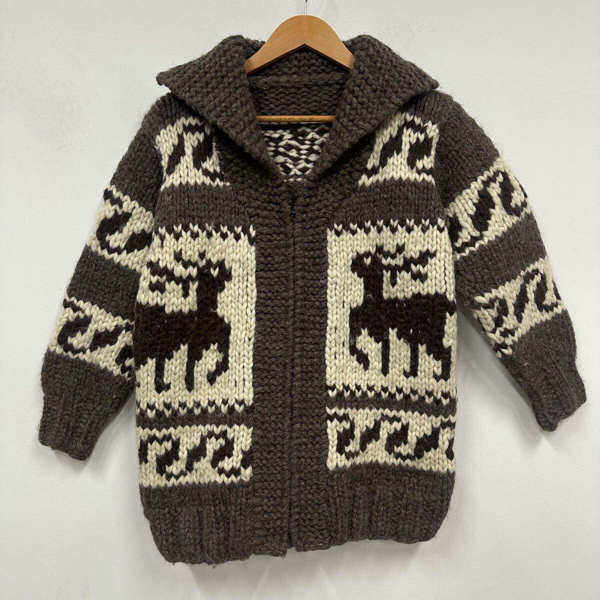 カウチン ジップアップ ニット セーター ブラウン系 厚手ニット a785拍卖