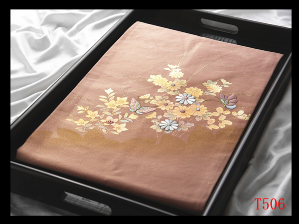 蔵【T506】厳選逸品 刺繍 金彩 秋草花蝶紋 ときがら茶色地 気品豊かに 正絹純金糸高級美術名古屋帯 ◇検◇簪着物袋帯和装小物帯締め拍卖