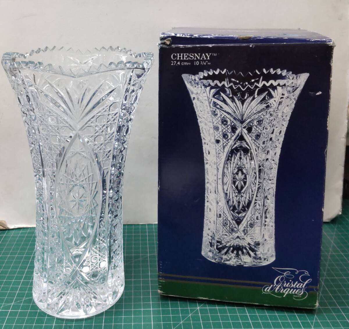 【未使用品】Cristal d' Arques CHESNAY クリスタルダルク フランス製 フラワーベース 27.4cm 24%pbo 花瓶敷き付き ●H4526拍卖