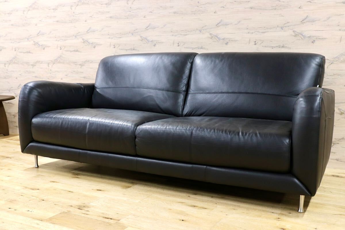 GMHH392○TOK&STOK イタリア製 2.5人掛けソファ トリプルソファ 黒 本革 レザー モダン 長椅子 購入約60万拍卖