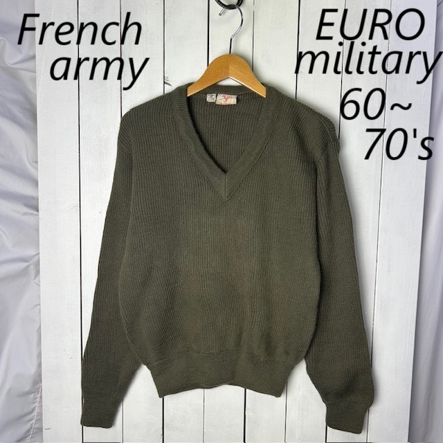ユーロミリタリー 60s~70s フランス軍 実物 Vネック ウールリブニットセーター 3 MITIN ヴィンテージ 厚手 フレンチアーミー ●102拍卖