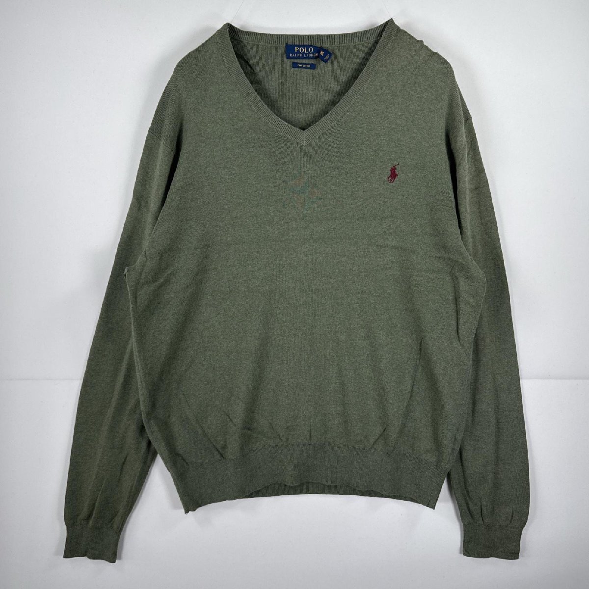 USA古着 ポロ・ラルフローレン POLO RALPH LAUREN 長袖 セーター ニット Vネック ワンポイント 刺繍 コットン グリーン系 無地 メンズ拍卖