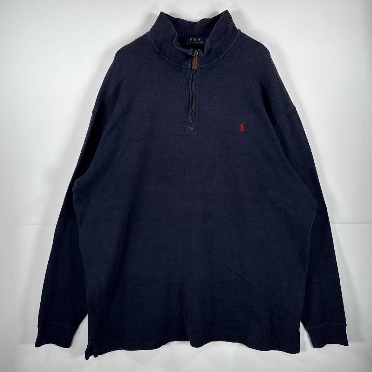 USA古着 ポロ ラルフローレン POLO RALPH LAUREN ニット ハーフジップ トレーナー セーター 大きいサイズ ワンポイント 2XLT ネイビー拍卖
