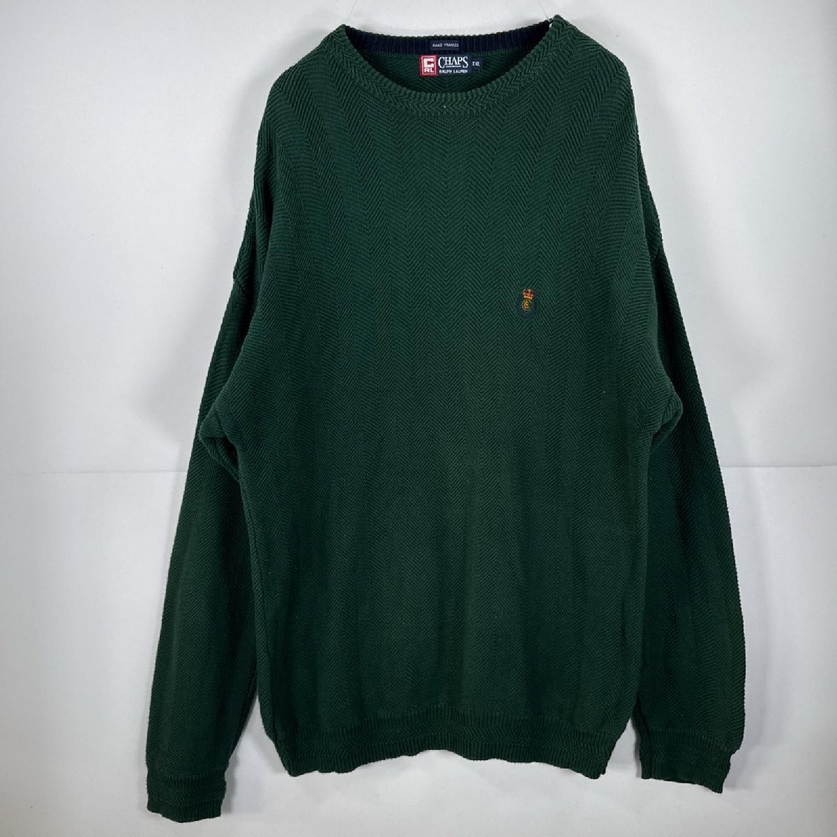 USA古着 90's/90年代 チャップス ラルフローレン ヘリンボーン 長袖 ニット セーター 大きいサイズ ワンポイント XXL グリーン メンズ拍卖