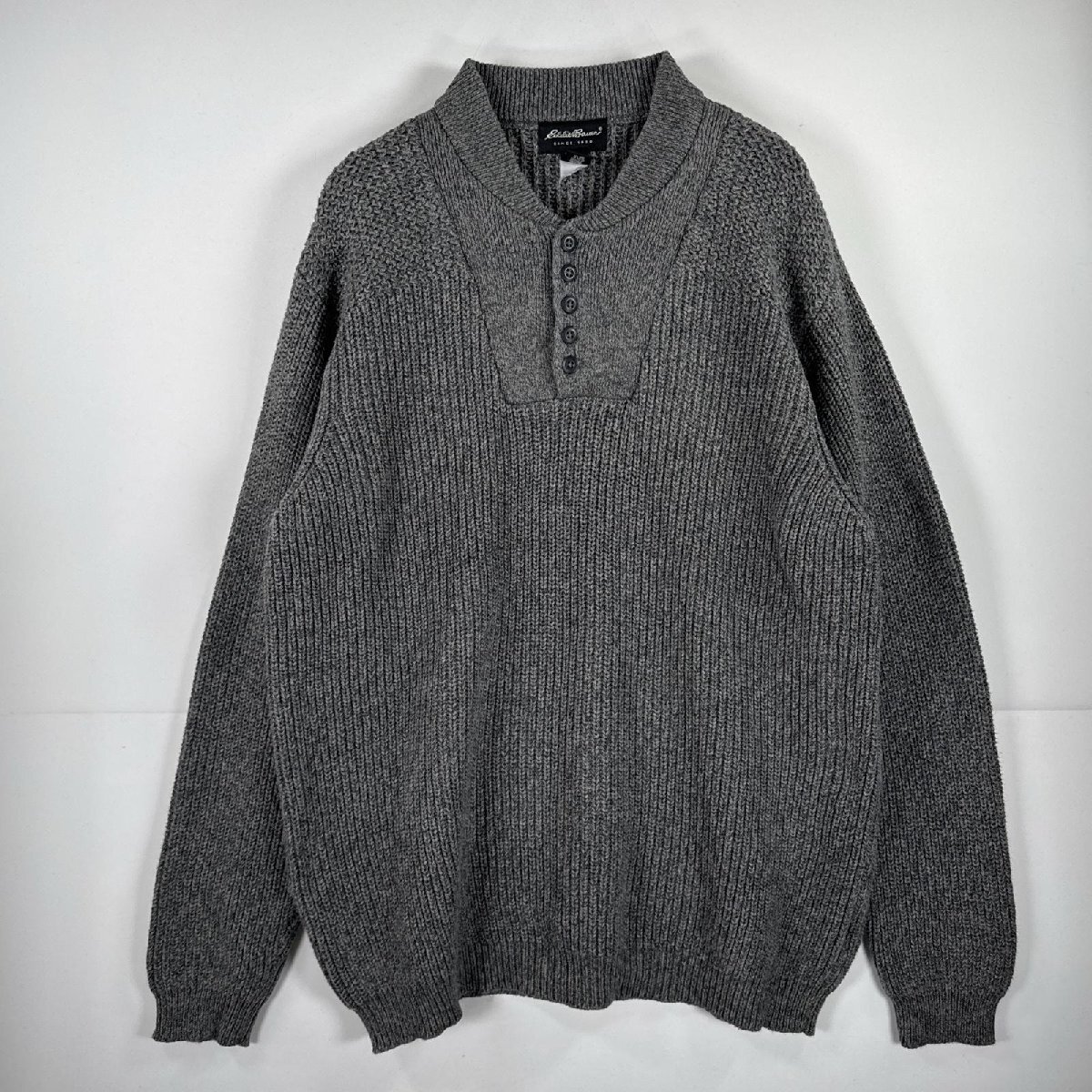 USA古着 エディー・バウアー Eddie Bauer 長袖 ニット コンバットセーター 5ボタン 大きいサイズ コットン 厚手 XXL グレー メンズ拍卖