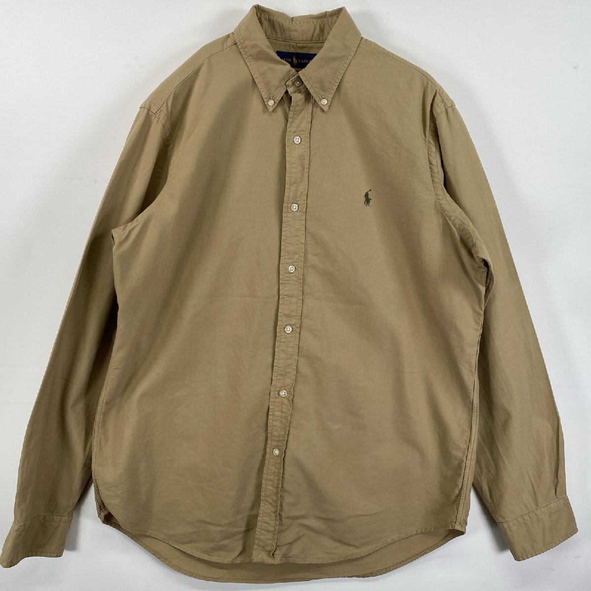 古着 ラルフローレン RALPH LAUREN 長袖シャツ ボタンダウン ロゴ刺繍 ワンポイント L ベージュ 無地 メンズ拍卖