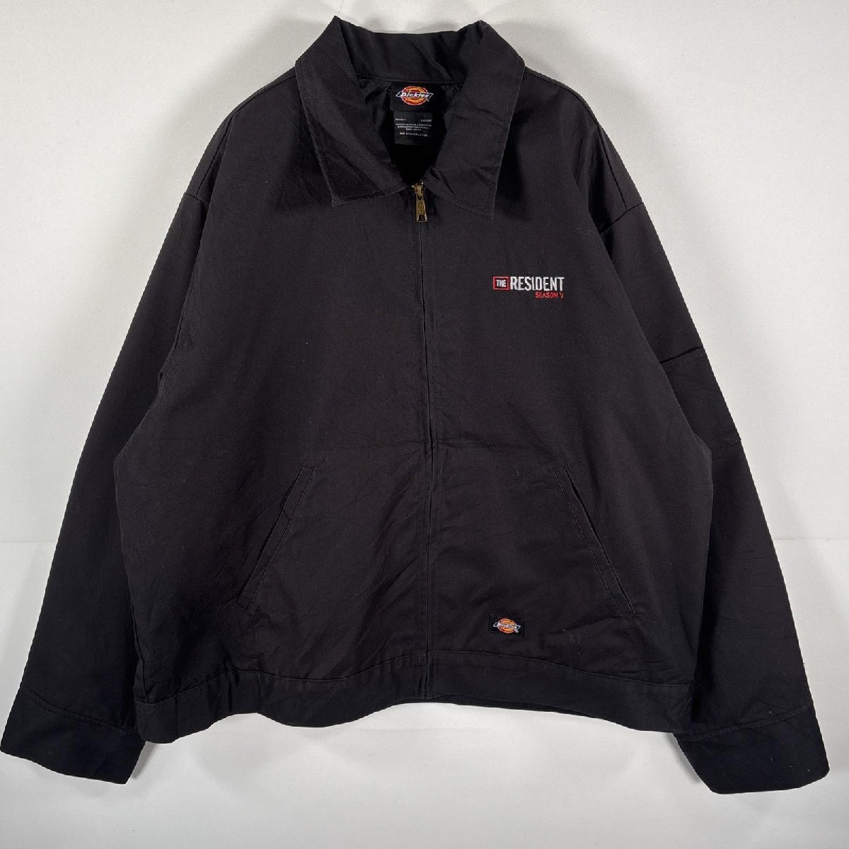 古着 ディッキーズ Dickies ワークジャケット 企業ロゴ刺繍 裏地キルティング バック刺繍 内ポケット 2XLR ブラック メンズ拍卖