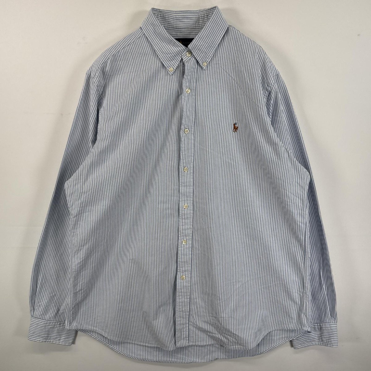 古着 ラルフローレン RALPH LAUREN 長袖シャツ ボタンダウンシャツ ワンポイント 刺繍 大きいサイズ XL 水色系 ストライプ メンズ拍卖