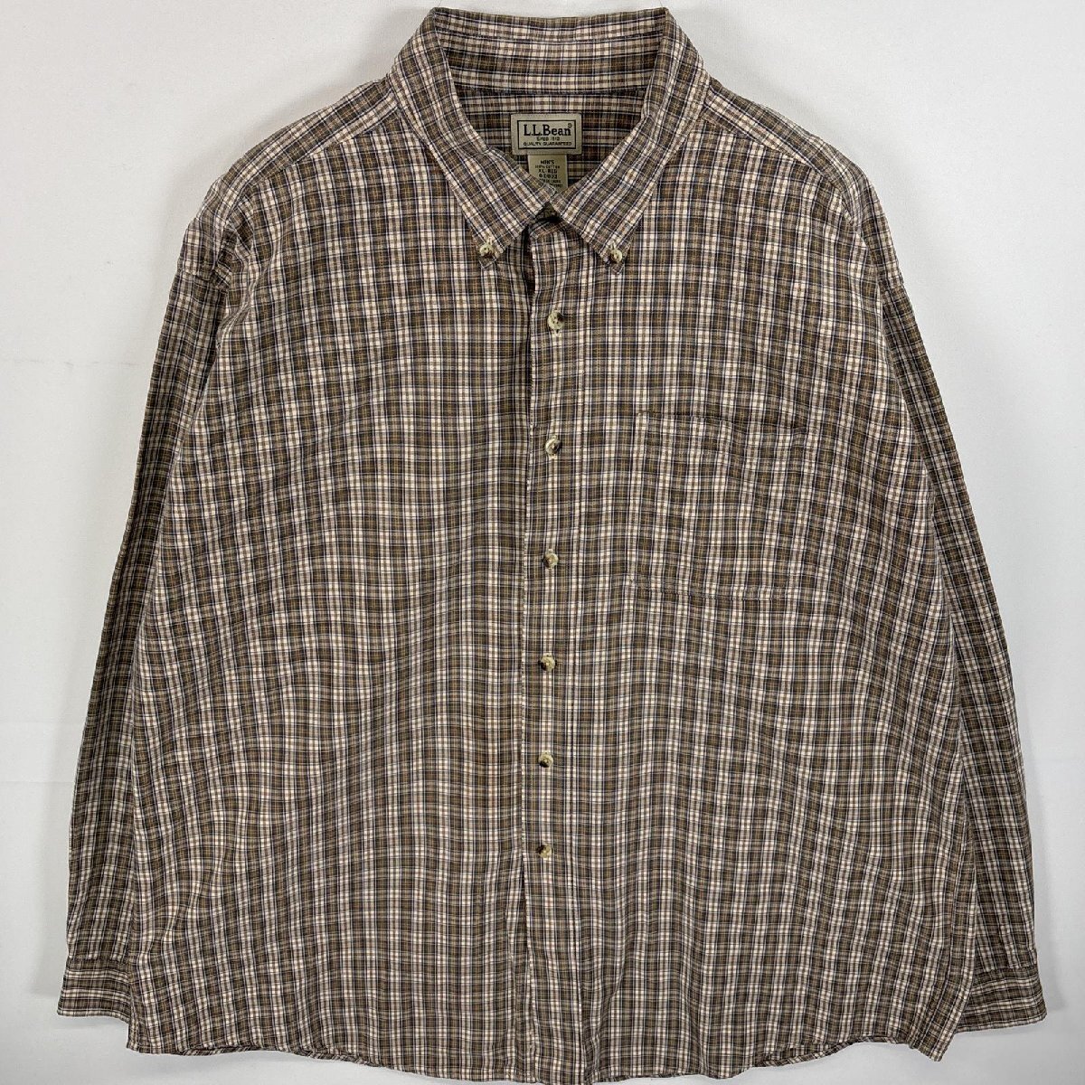 古着 エルエルビーン L.L.Bean 長袖シャツ ボタンダウンシャツ 胸ポケ 大きいサイズ XL ベージュ系 チェック メンズ拍卖