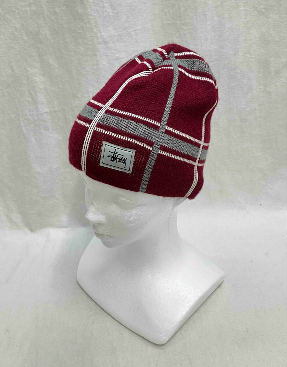 OLD STUSSY オールド ステューシー ビーニー帽 ニット帽 レッド 赤系 チェック柄 ロゴ ワッペン 店舗受取可拍卖