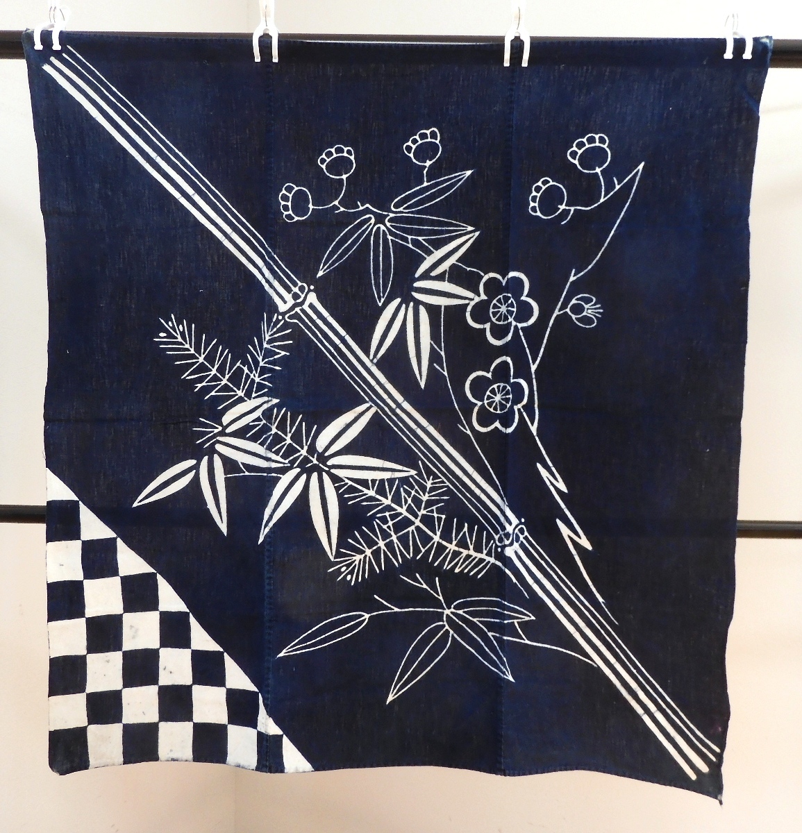 <銀の斧>木綿・明治期筒描・松竹梅に市松・筒描き・約102×105cm拍卖