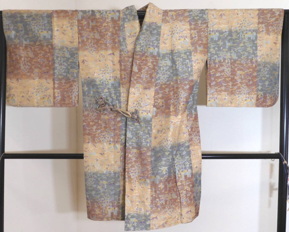 <銀の斧>正絹・お召織コート・ぼかし織り・人と動物・丈97.5cm拍卖