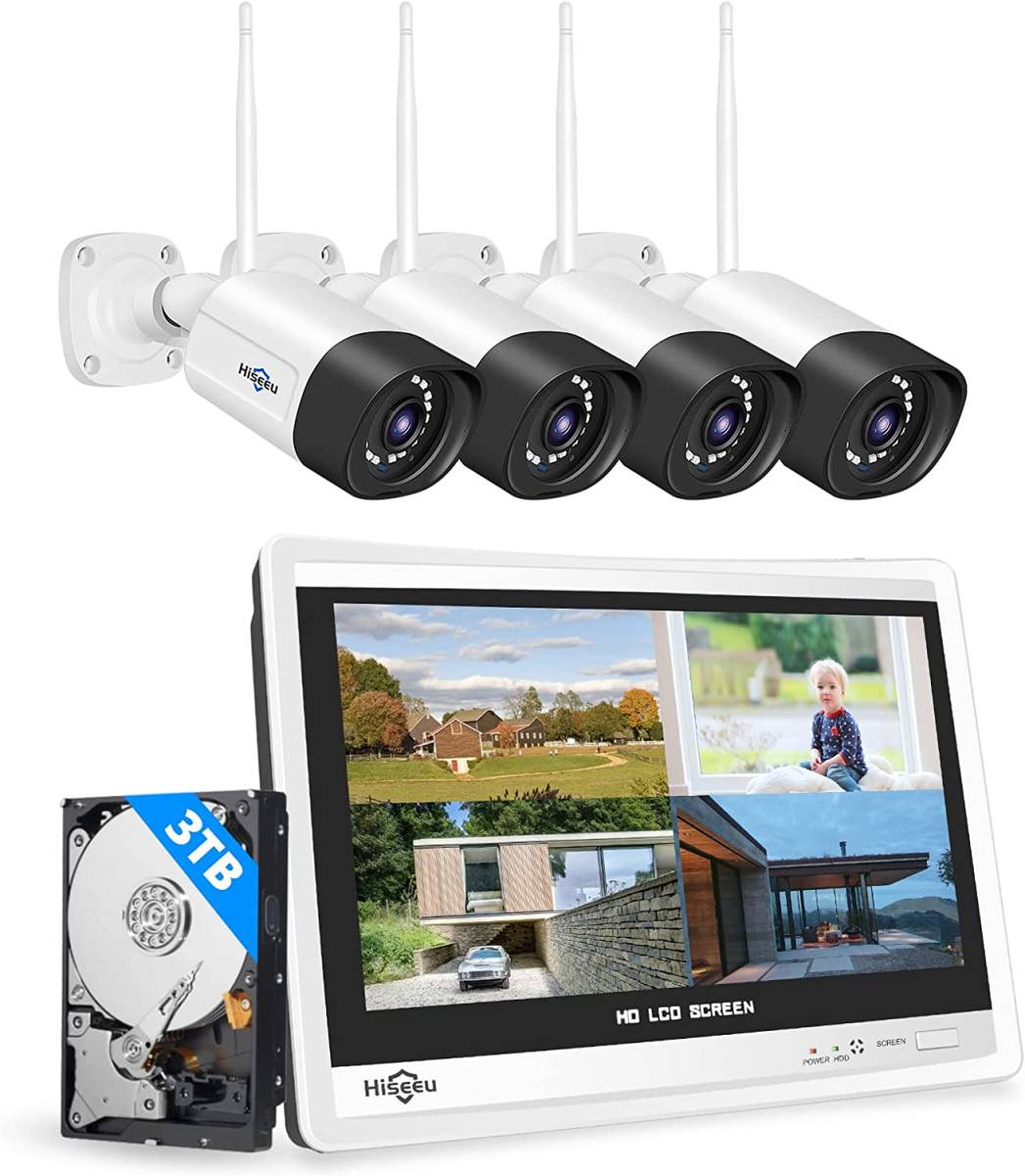 【新品】Hiseeu ワイヤレス防犯カメラセット(セキュリティカメラ4台+12インチ大型モニター一体型NVR録画機+HDD3TB)屋外・屋内拍卖