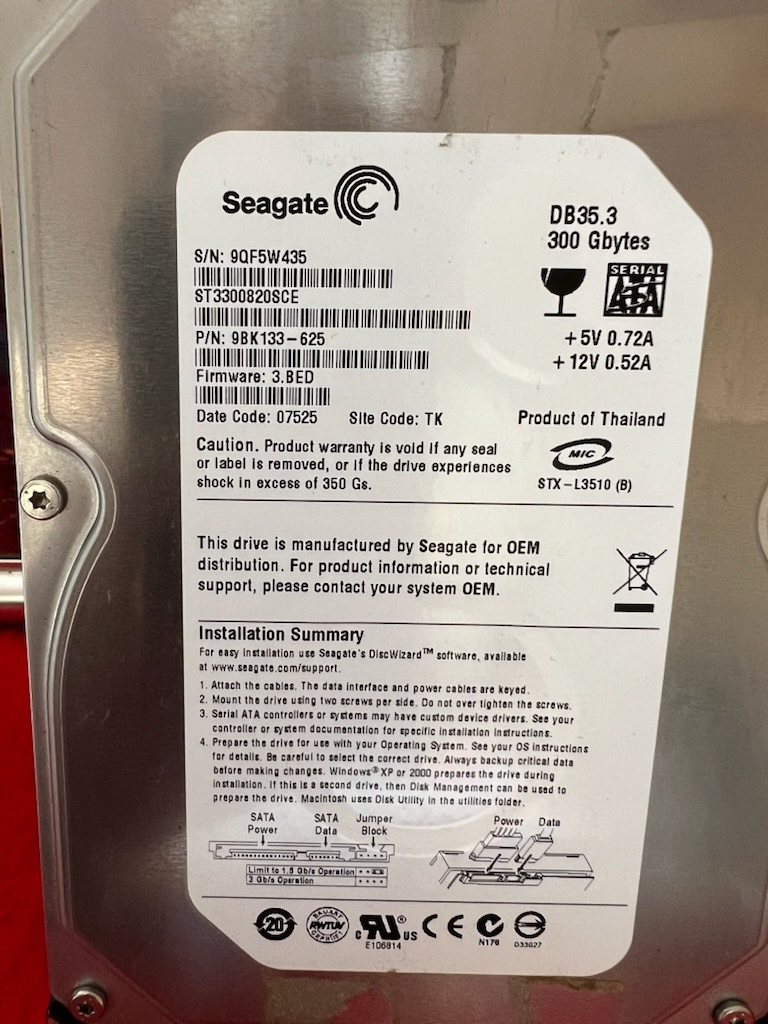 不良返金保証 東芝RDシリーズレコーダー用HDD ☆Seagate製 300GB/3.5インチ/SATA/ST3300820SCE (A030)拍卖