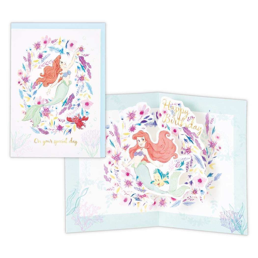 リトルマーメイド グリーティングカード 誕生お祝い 立体カード DNアリエル ラメフラワーリース ディズニープリンセス 日本ホール拍卖