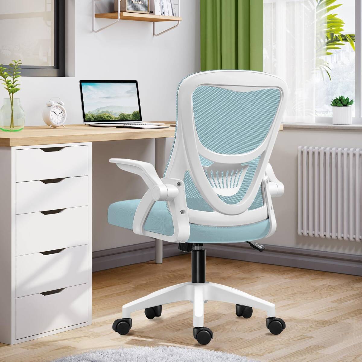 チェア 椅子 跳ね上げ式アームレスト コンパクト 約105度ロッキング 360度回転 座面昇降 強化ナイロン樹脂ベース 通気性メッシュ (青)拍卖