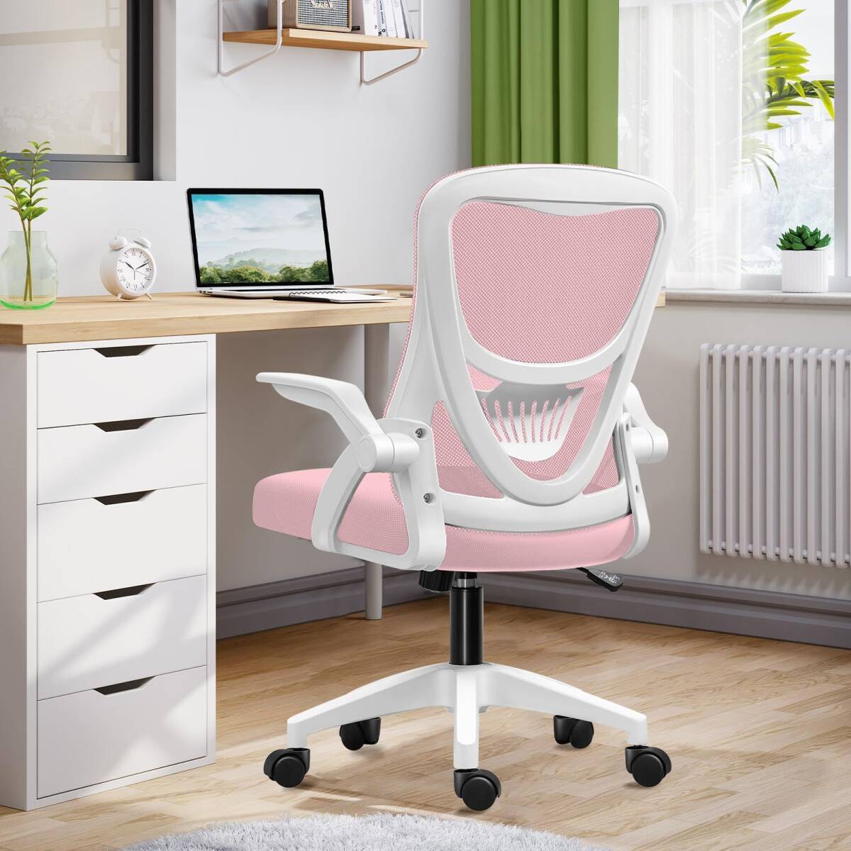 椅子 360度回転 pc 座面昇降 約105度ロッキング 強化ナイロン樹脂ベース 通気性メッシュ 跳ね上げ式アームレスト オフィスチェア (ピンク) 拍卖