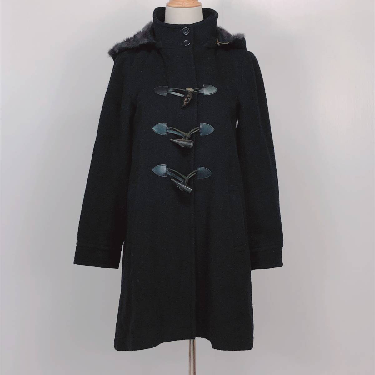 YX110 FREE'S SHOP レディース アウター ピーコート サイドポケット トグルボタン フード取り外し可 S ブラック 毛素材 ラビットファー 冬拍卖