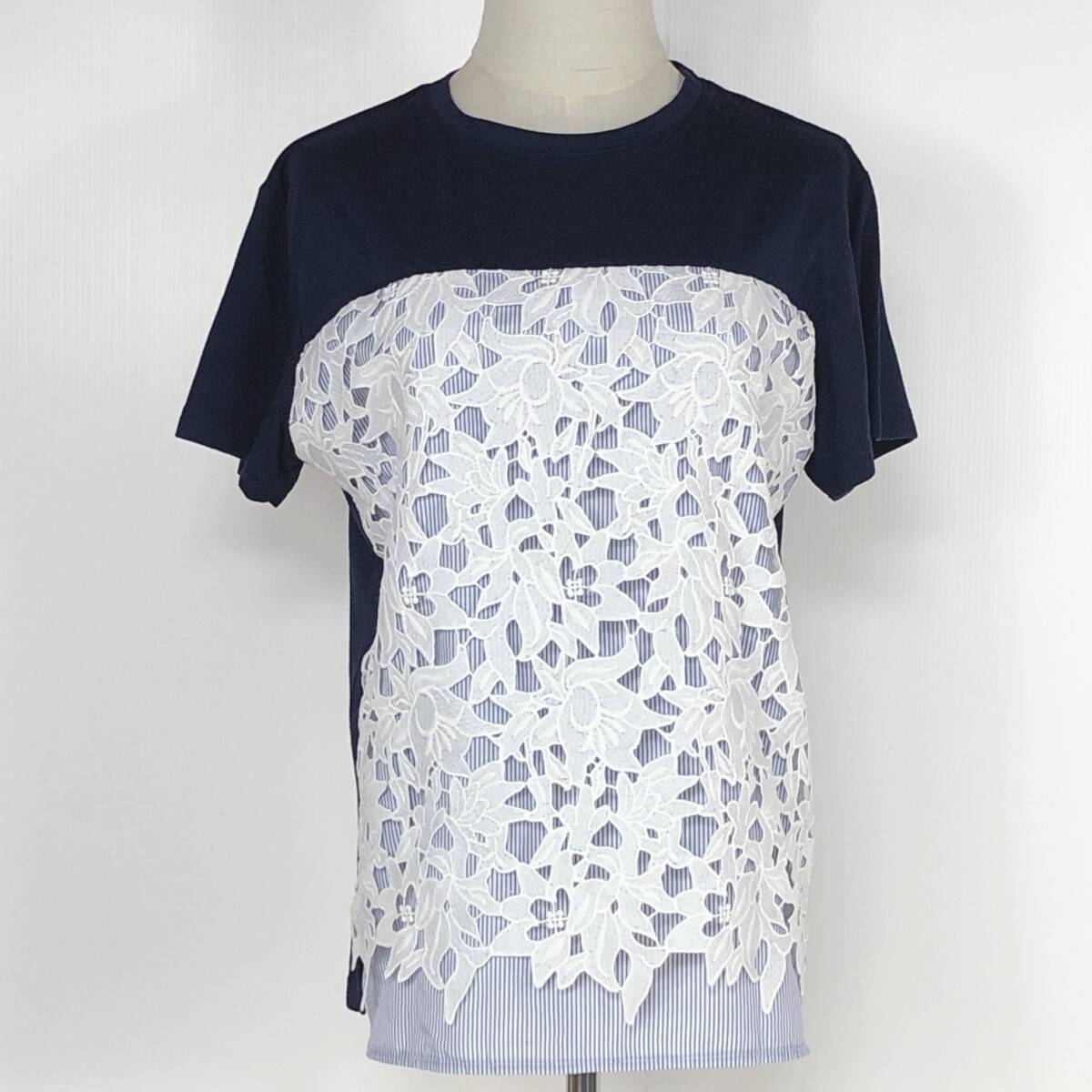 YX1238 美品 SHOO-LA-RUEレディーストップスシャツ半袖 薄手 伸縮性 丸首 レース M ネイビー 紺 ストライプ シンプル カジュアル 涼しげ 夏拍卖