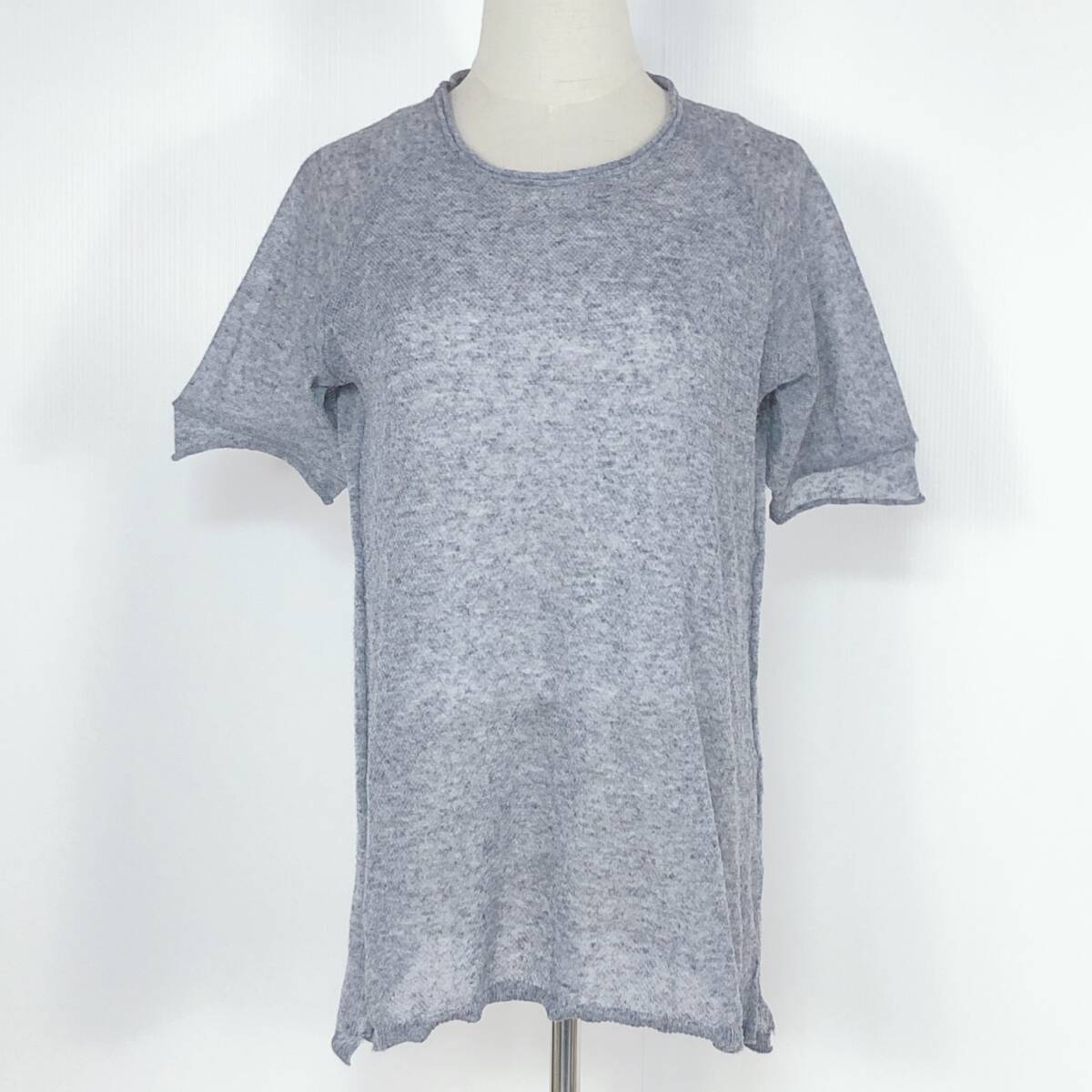 YX1246 B.L.U.E レディース セットアップ 半袖 薄手 伸縮性 透け感 スリット グレー 灰 綿 麻 シンプル カジュアル おしゃれ 涼しげ 夏拍卖