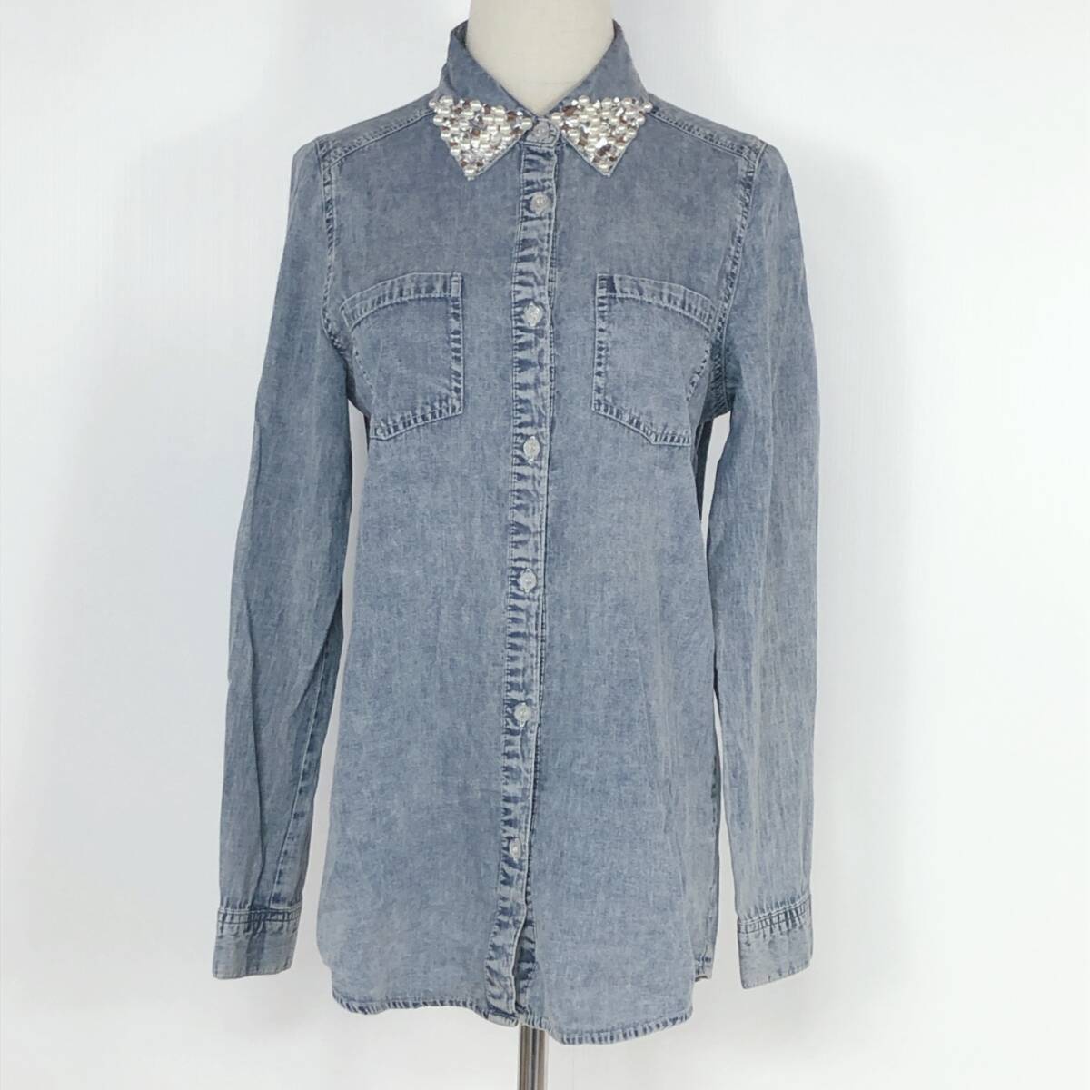 YX1254 美品 wazp レディース トップス シャツ 長袖 薄手 胸ポケット 4つ穴ボタン M 綿100% シンプル カジュアル フェミニン おしゃれ 春秋拍卖