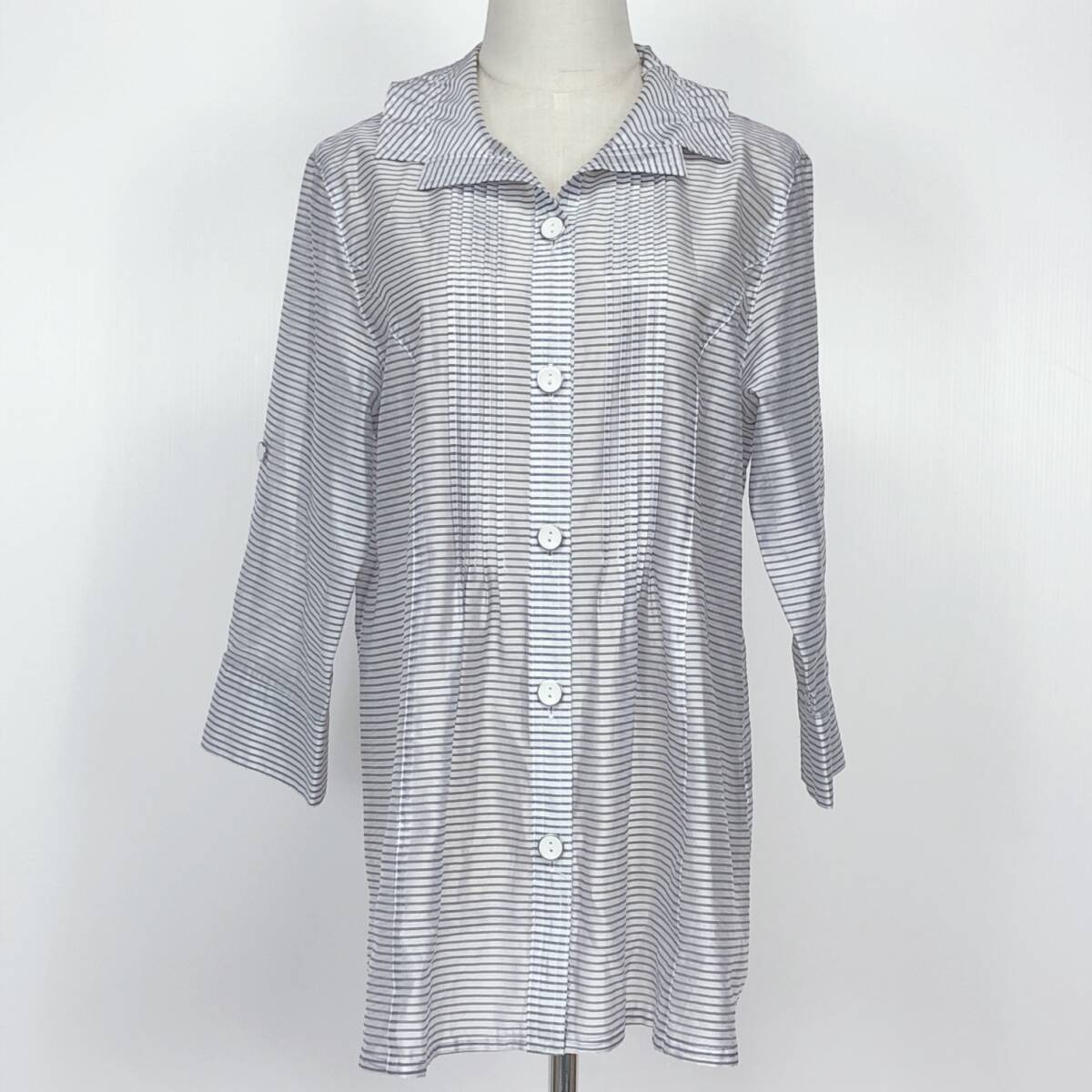 YX1299 PENNY JULE ペニージュール レディース トップス ブラウス 透け感 袖長さ調節可 予備ボタン付 薄手 L 白 ボーダー 涼しげ おしゃれ拍卖