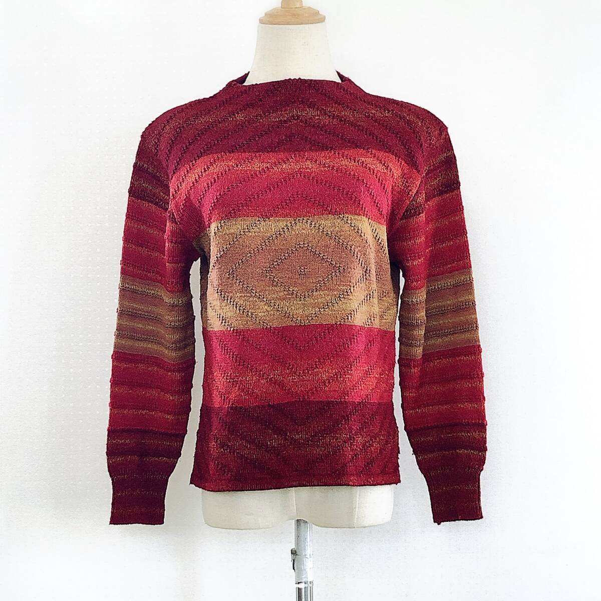 YX1483 epris Clair エプリクレール レディース トップス ニット セーター 長袖 肩パッド レッド ボーダー ウール混 グラデーション レトロ拍卖