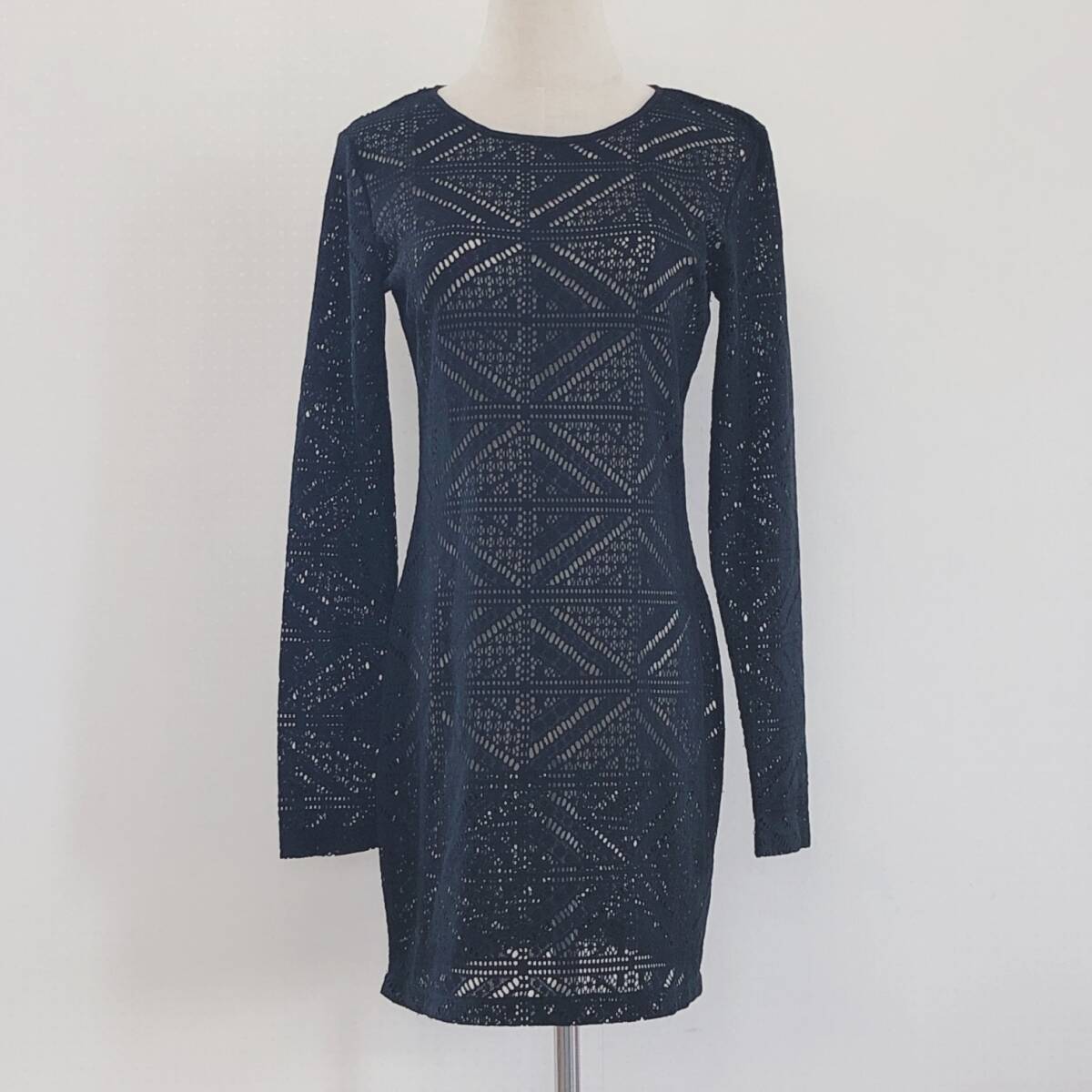 YX1489 美品 レディース ワンピース ひざ丈ワンピース 膝上丈 薄手 後ろファスナー 丸首 ブラック 黒 おしゃれ 涼しげ 夏拍卖