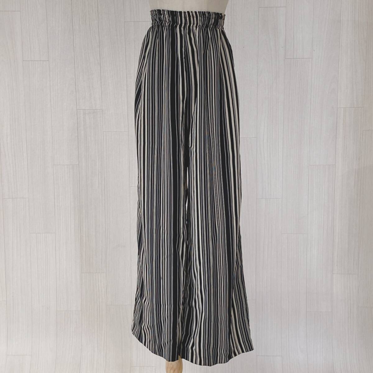 YX1587 レディース パンツ ワイドパンツ 日本製 ウエストゴム 薄手 ブラック 黒 ベージュ ストライプ おしゃれ カジュアル シンプル拍卖