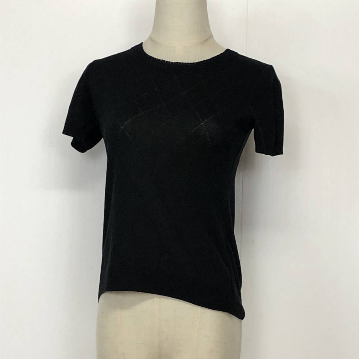 YX281 美品 レディース トップス ニット 半袖 丸首 薄手 ブラック 黒 ブラック 黒 綿素材含 オフィスカジュアル オフィススタイル 夏拍卖