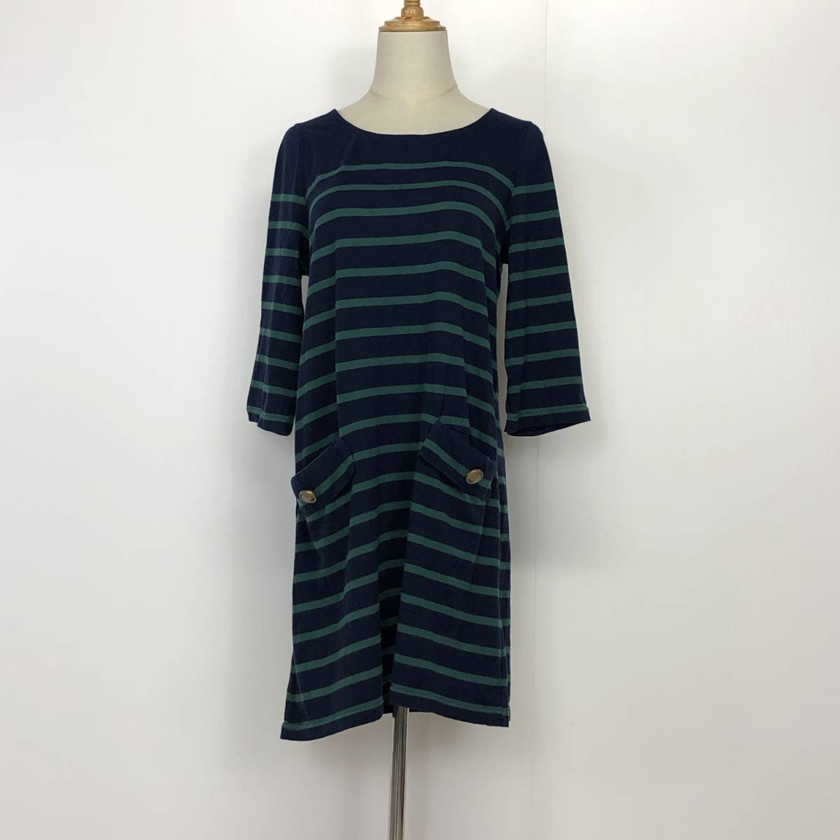 YX284 scroll スクロール レディース ワンピース チュニック 七分袖 薄手 サイドポケット Lサイズ ネイビー 紺 グリーン 緑 ボーダー 綿拍卖