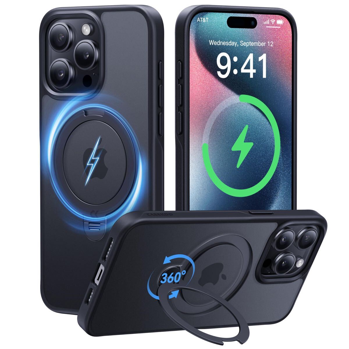 A)CASEKOO iPhone 15 Pro Max 用 ケース 超強磁力 米軍MIL規格 耐衝撃 高耐久性横縦両立・角度調整15pro max用 ケース(ブラック)拍卖