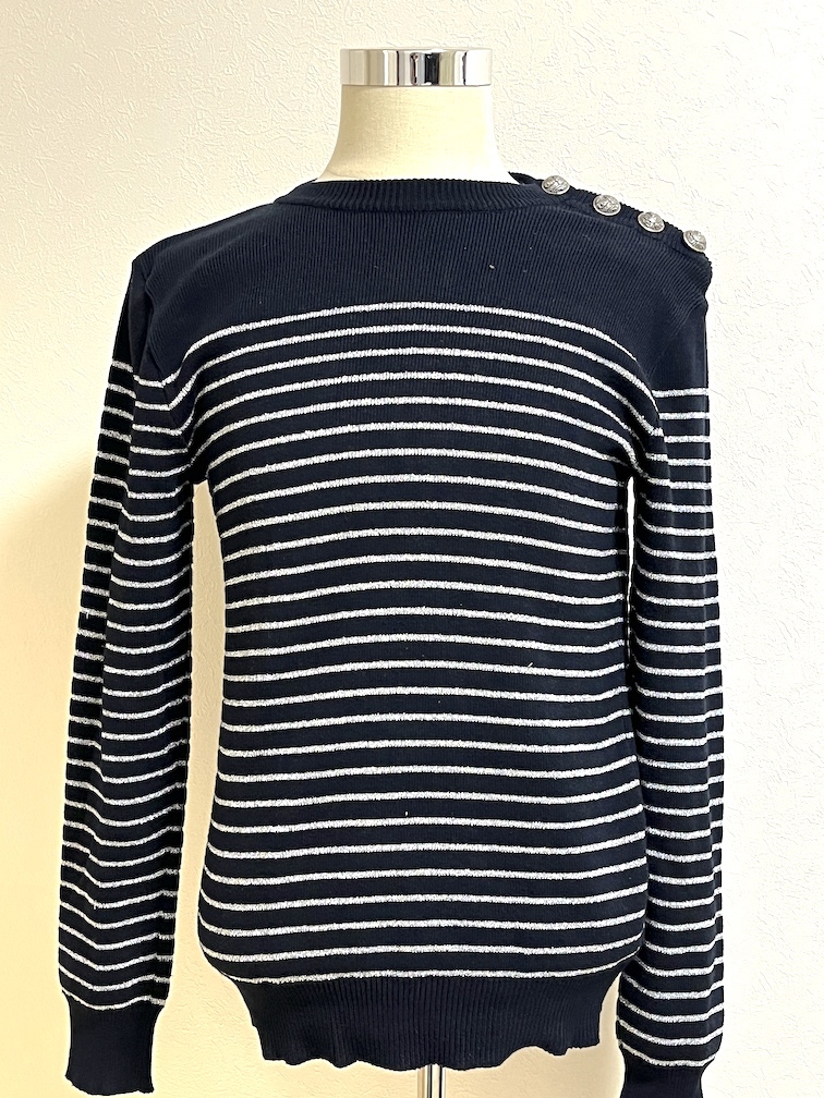 直営店自身購入品!BALMAIN HOMME 肩ボタン ボーダーニット ネイビーxシルバー M拍卖