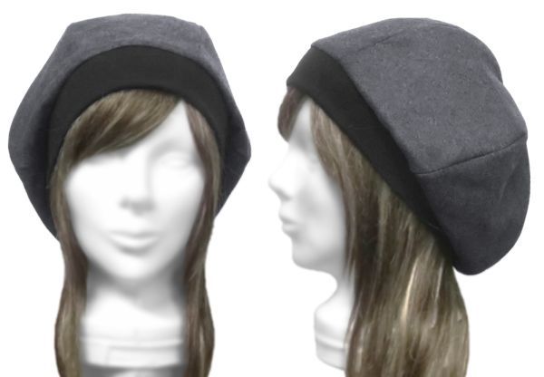 ハンドメイド◆リブ付ベレー帽◆フラノウール/ダークグレー ◇ゆったりサイズ・小顔効果・寒い季節におすすめ(秋冬)◇拍卖