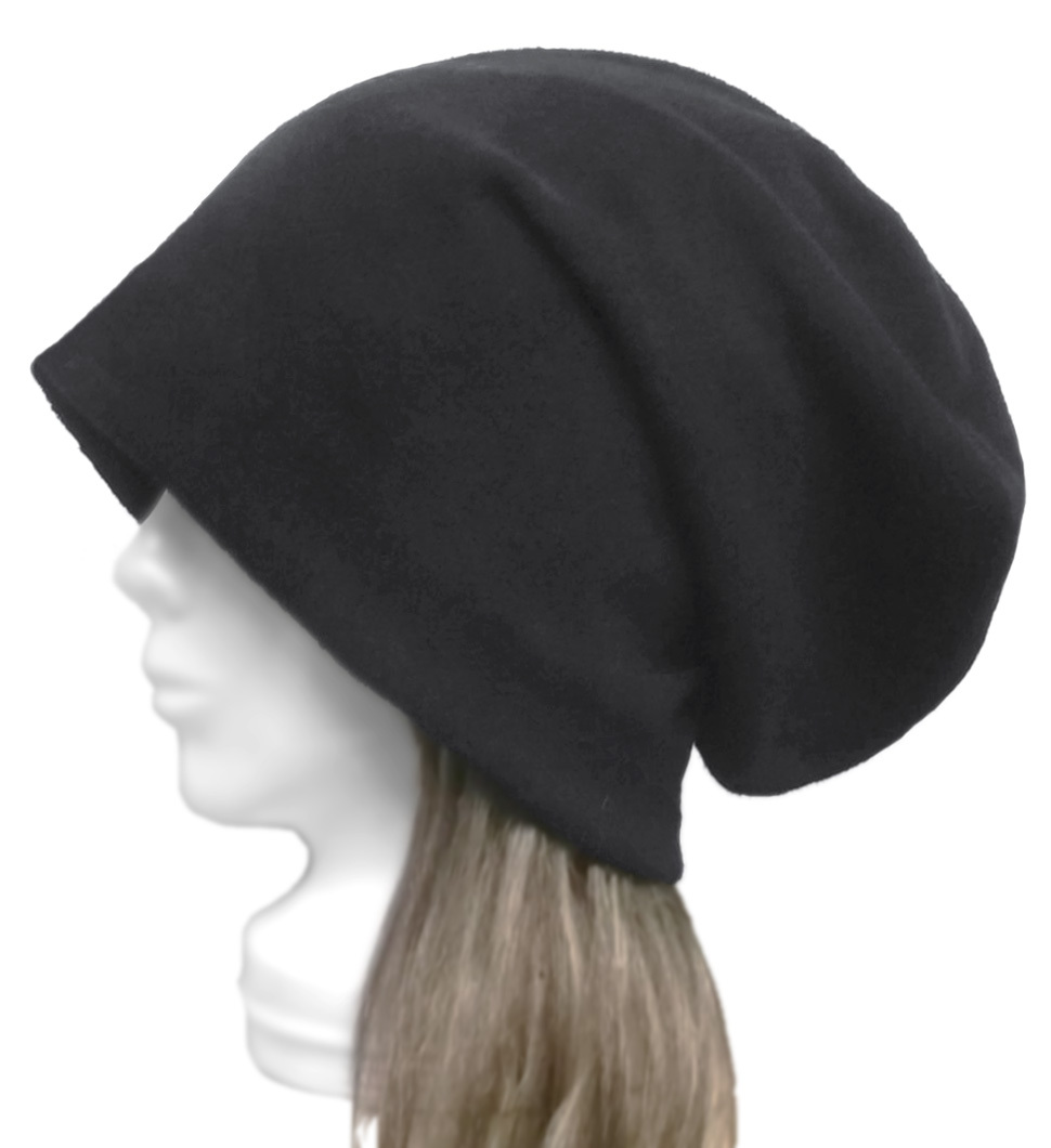 ◇送料無料◇ ハンドメイド◆ロングルーズワッチキャップ◆コットンパイルニット/ブラック ◇ゆったり・小顔効果・オールシーズン着用◇拍卖